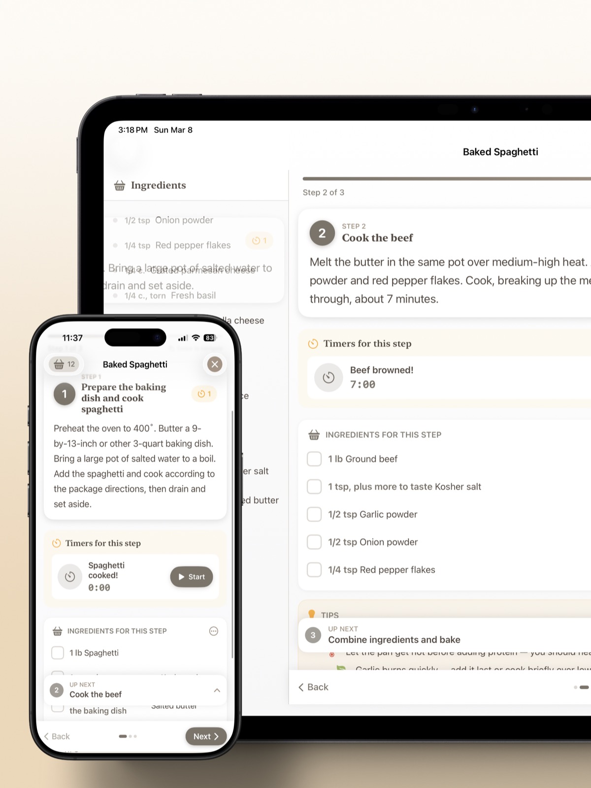 RecipeHero cooking mode on iPhone and iPad — step-by-step instructions with smart timers, ingredients per step, and two-column iPad layout