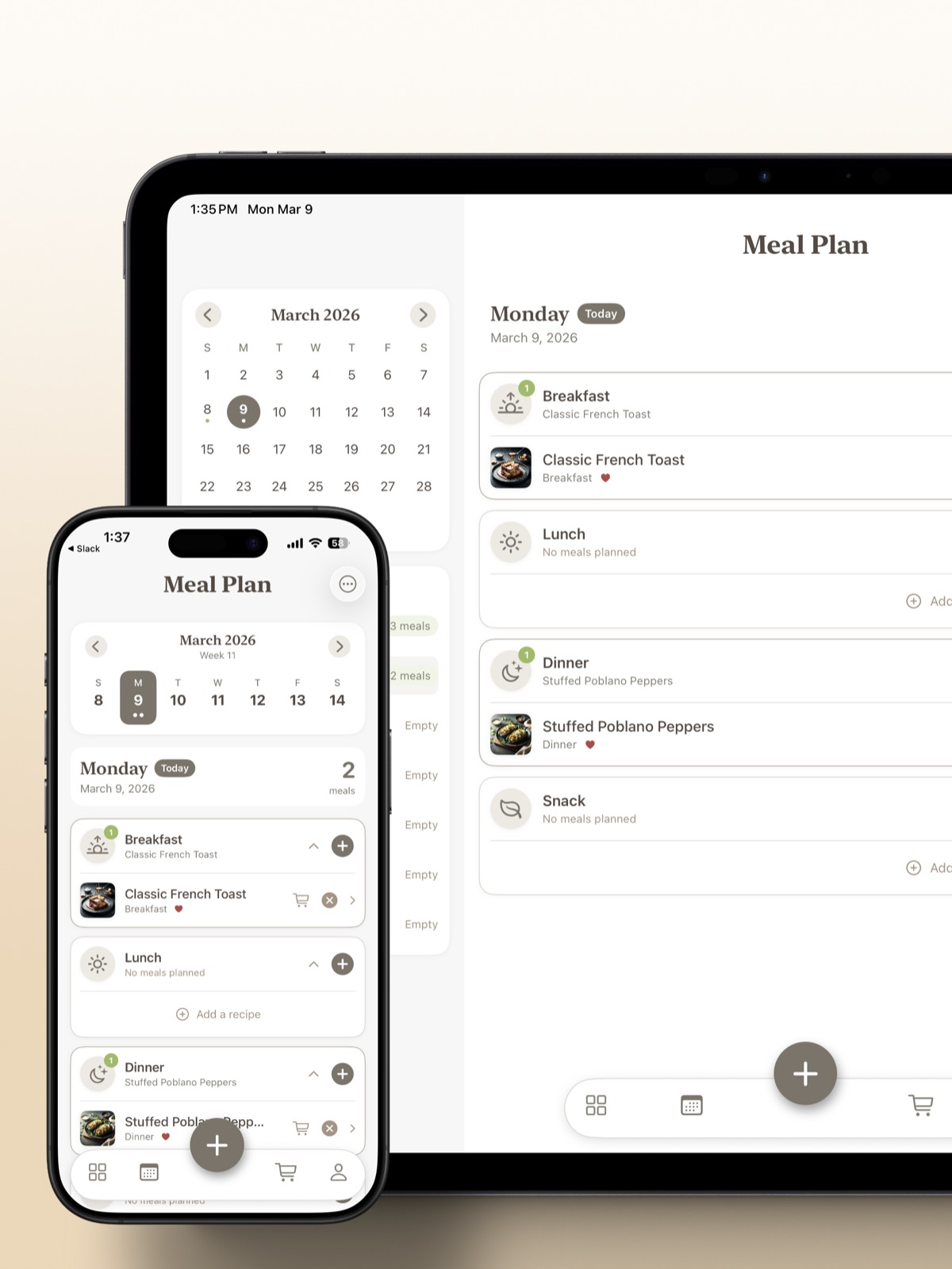 RecipeHero meal planning view on iPhone and iPad — weekly calendar with breakfast, lunch, dinner slots and recipe assignments